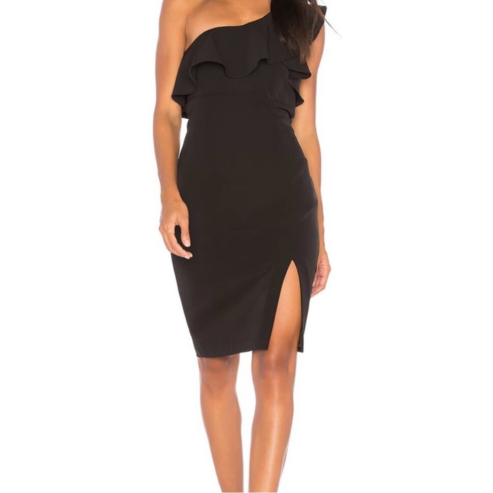 Bardot Black Asymmetrical Ruffled Mini Dress with Slit